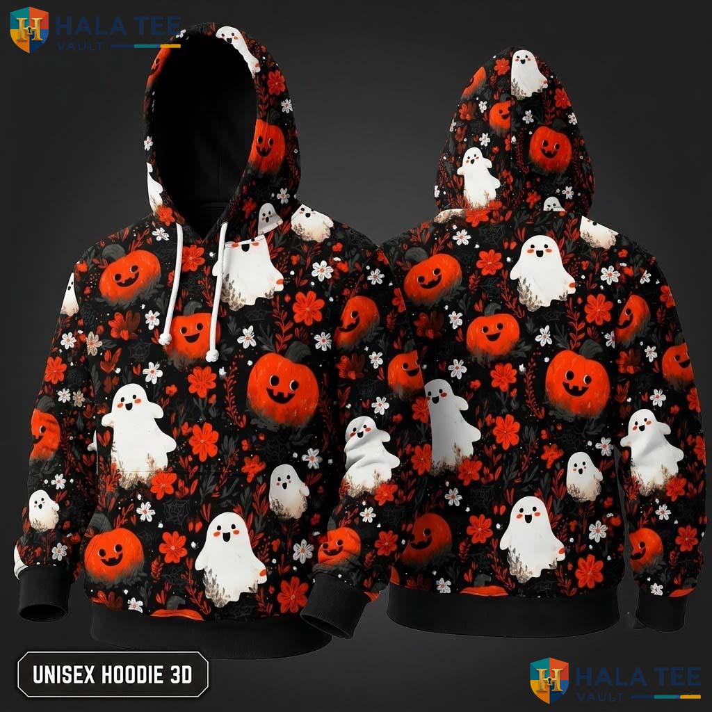 Cartoon Ghost Pumpkin 3D Hoodie Festive Smiling Graphic Halloween Top