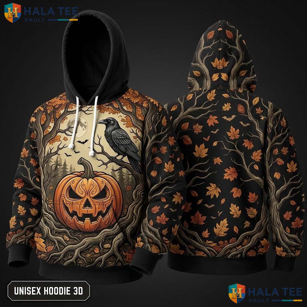 Carved Pumpkin Crow Graphic 3D Hoodie Spooky Halloween Casual Apparel