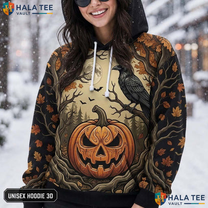 Carved Pumpkin Crow Graphic 3D Printed Hoodie Spooky Halloween Casual Apparel