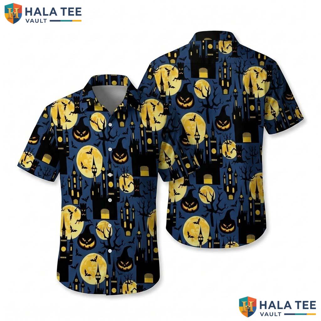 Castle Moon Halloween Hawaiian Shirt Spooky Pumpkin Gothic Aloha Top