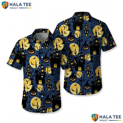 Castle Moon Halloween Hawaiian Shirt Spooky Pumpkin Gothic Aloha Top