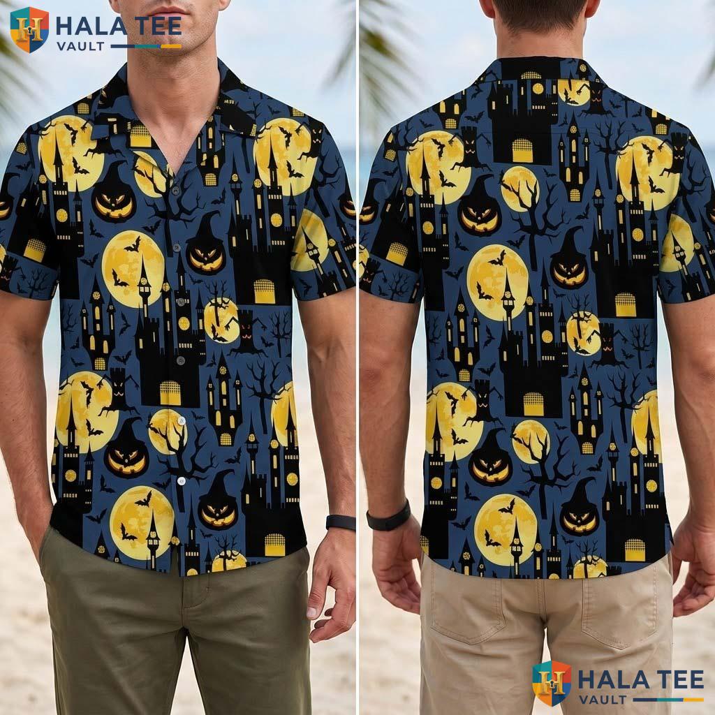 Castle Moon Halloween Hawaiian Shirt Spooky Pumpkin Gothic Aloha Top Adult