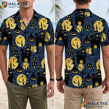 Castle Moon Halloween Hawaiian Shirt Spooky Pumpkin Gothic Aloha Top Adult