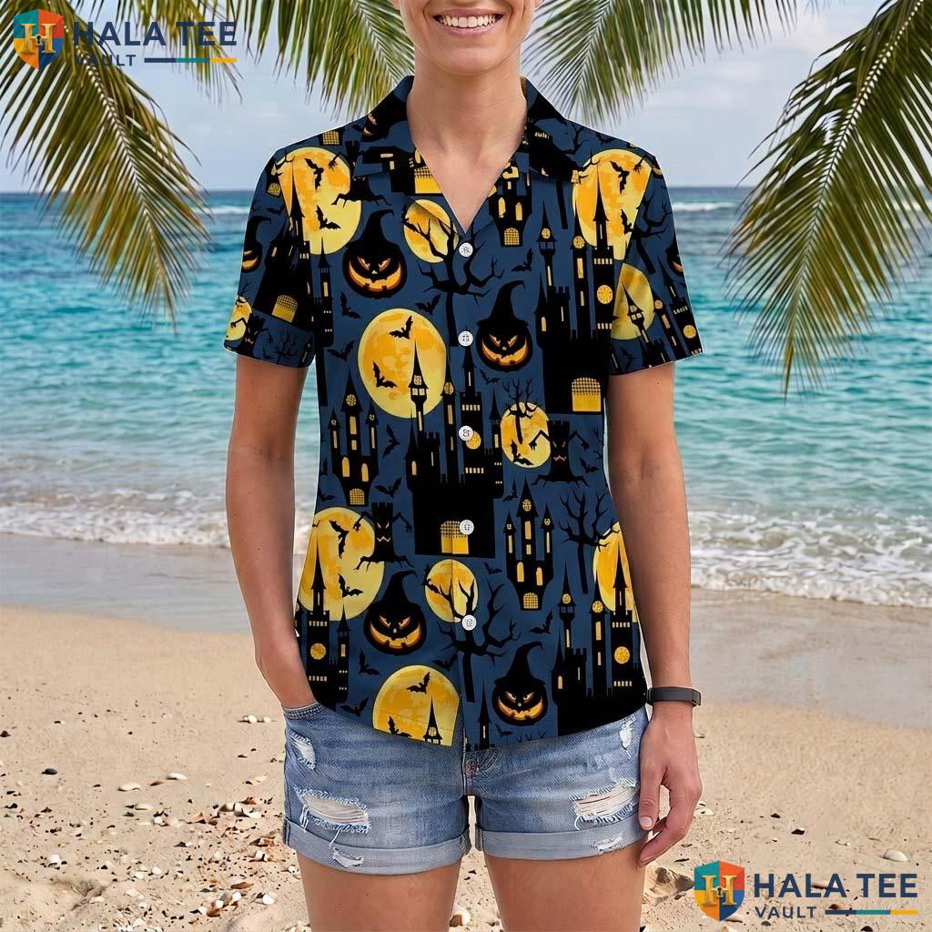 Castle Moon Halloween Hawaiian Shirt Spooky Pumpkin Gothic Aloha Top Adult