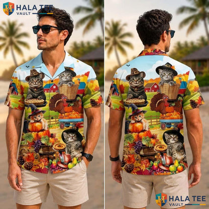 Cat And Turkey Thanksgiving Hawaiian Shirt Fall Leaves Pumpkin Beach