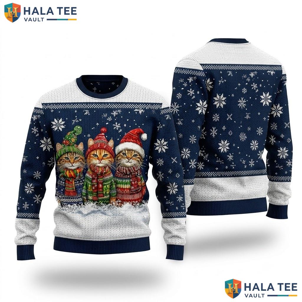 Cat Festive Navy Blue Ugly Christmas Sweater Quirky Playful Holiday Top