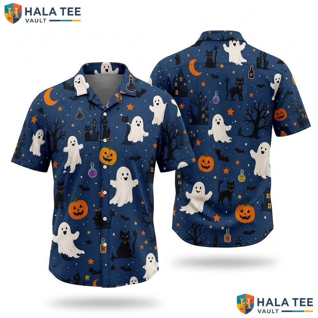 Cat Ghost Halloween Hawaiian Shirt Spooky Jack O Lantern Aloha Top