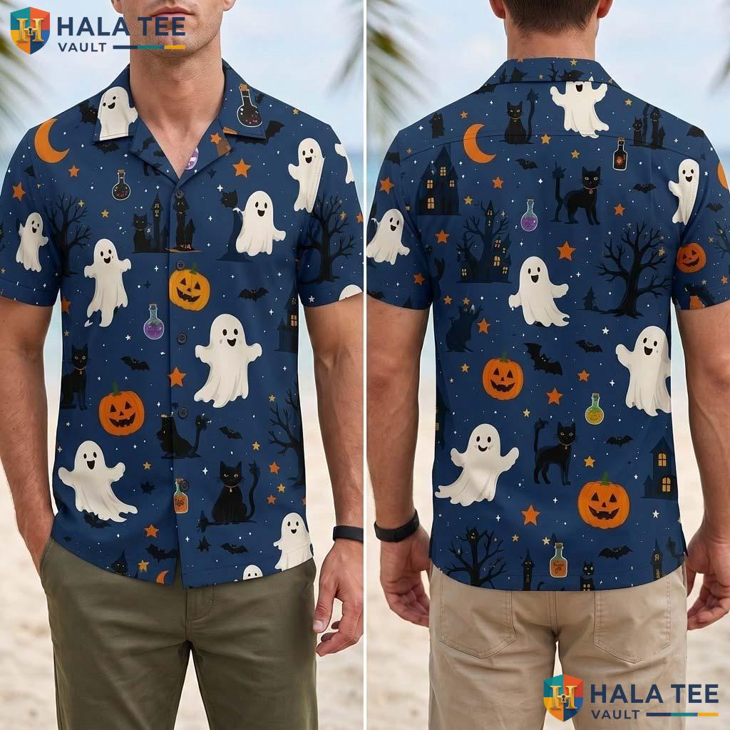 Cat Ghost Halloween Hawaiian Shirt Spooky Jack O Lantern Aloha Top Adult