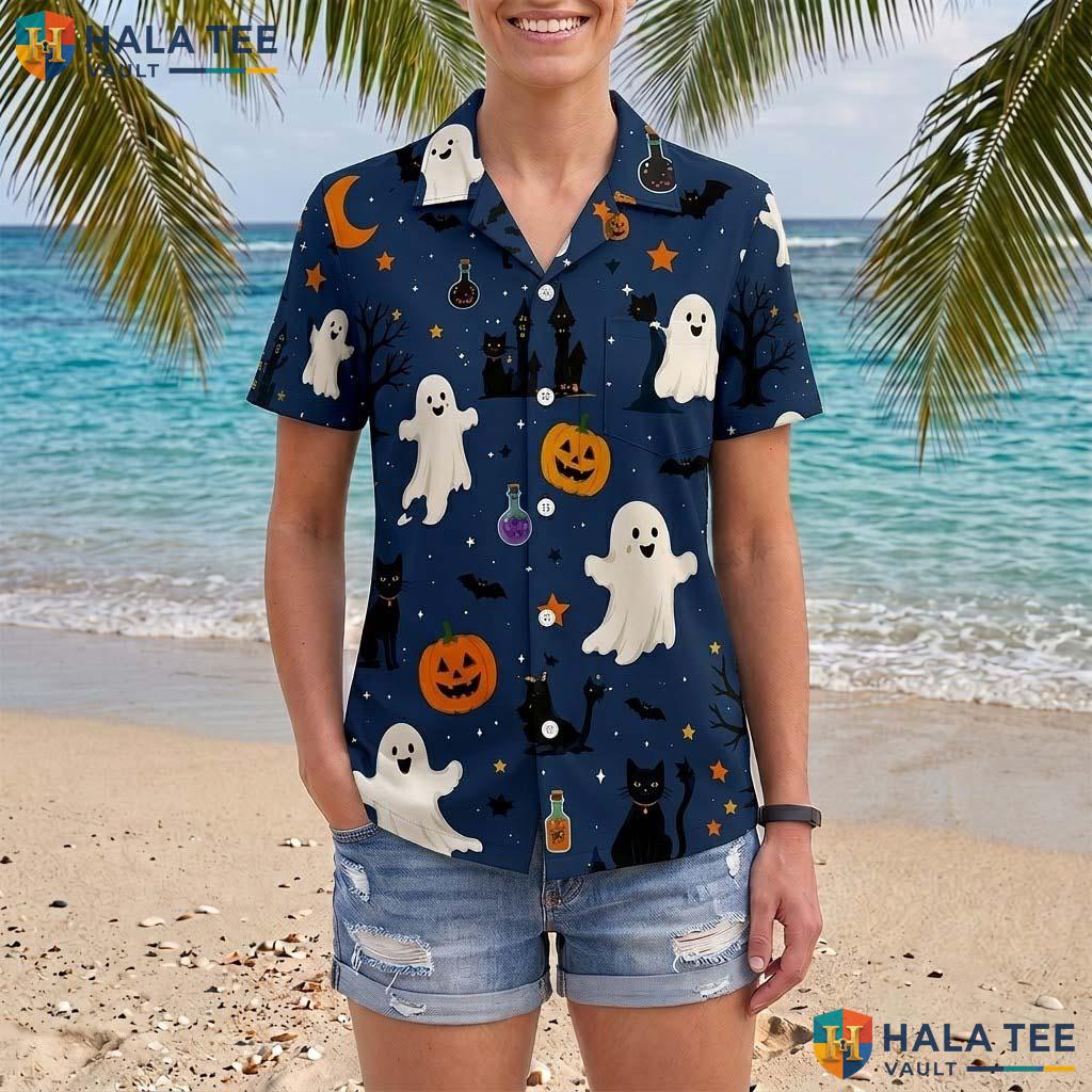Cat Ghost Halloween Hawaiian Shirt Spooky Jack O Lantern Aloha Top Adult