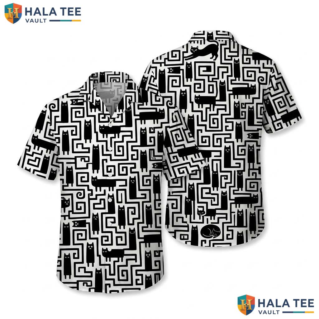 Cat Maze Graphic Farm Life Hawaiian Shirt Mens Aloha Button Down Top