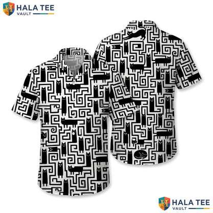Cat Maze Graphic Farm Life Hawaiian Shirt Mens Aloha Button Down Top