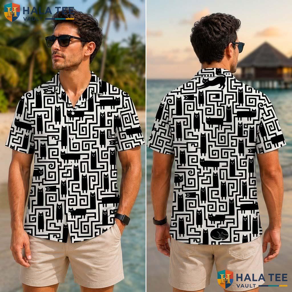 Cat Maze Graphic Farm Life Tropical Shirt Mens Aloha Button Down Top