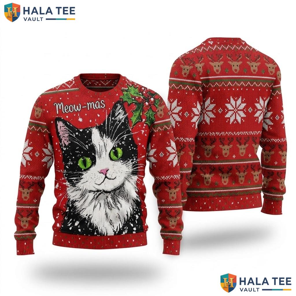 Cat Meow Mas Animal Ugly Christmas Sweater Funny Vintage Womens Apparel