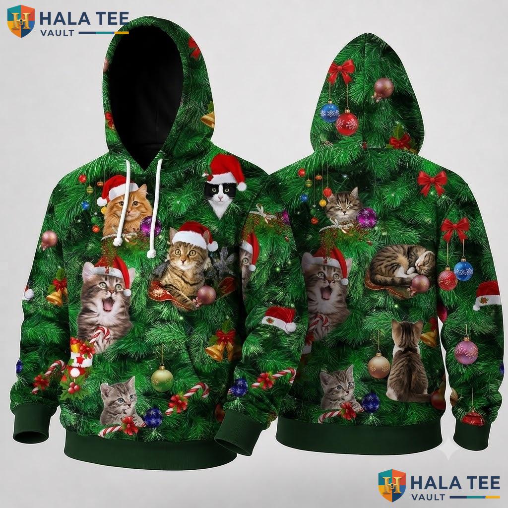Cat Ornaments Green Xmas 3D Hoodie Cute Festive Playful Pullover