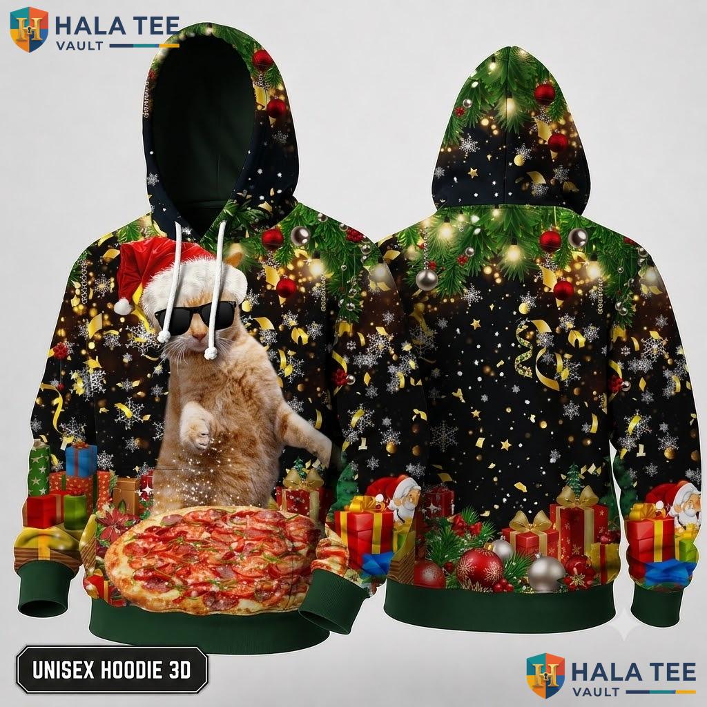 Cat Pizza Playful Christmas 3D Hoodie Funny Holiday Mens Womens