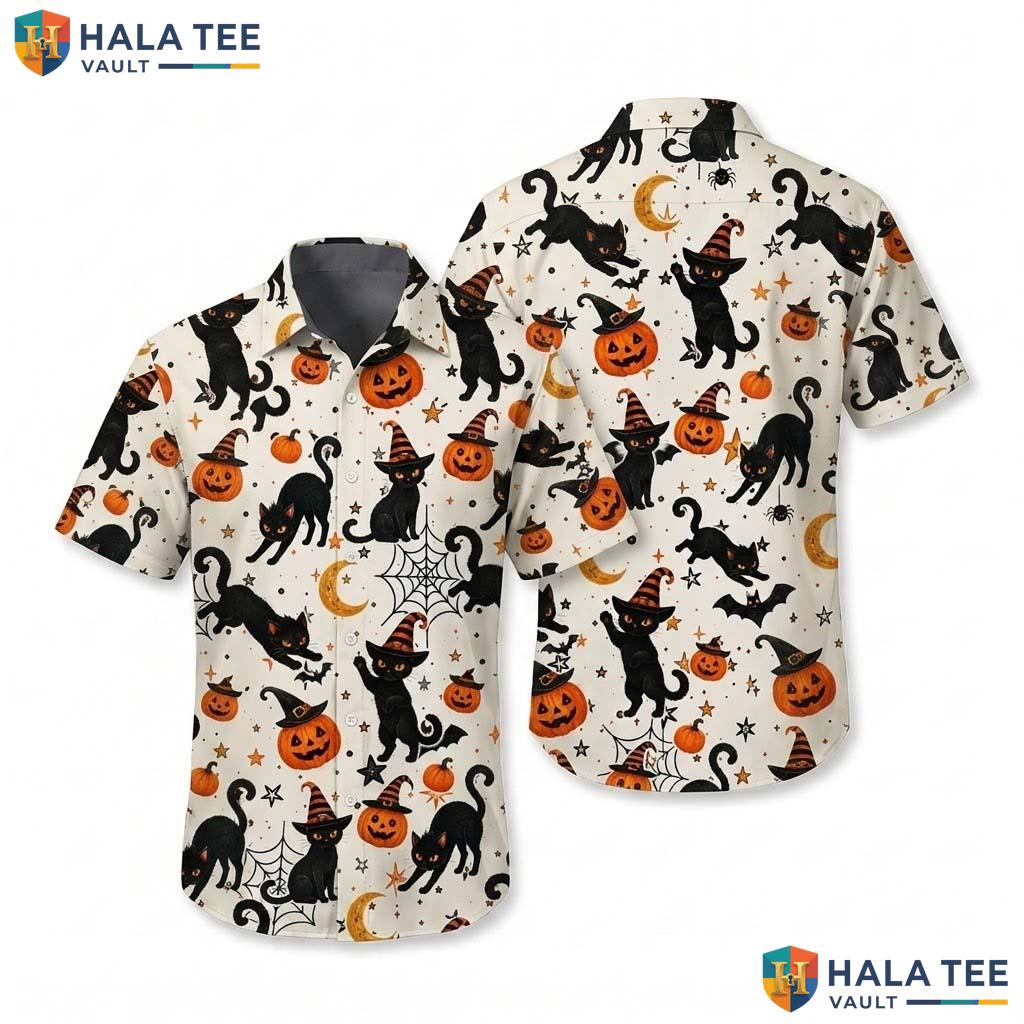Cat Pumpkin Halloween Aloha Shirt Cute Witch Party Button Up Top