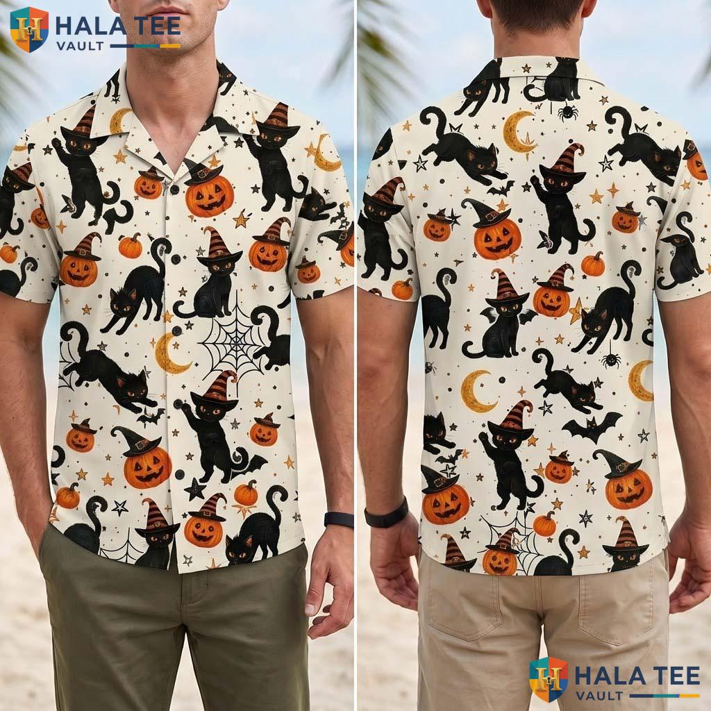 Cat Pumpkin Halloween Aloha Shirt Cute Witch Party Button Up Top Adult