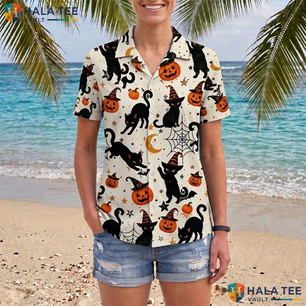 Cat Pumpkin Halloween Aloha Shirt Cute Witch Party Button Up Top Adult