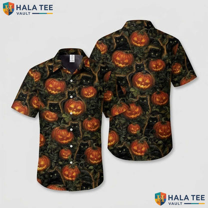 Cat Pumpkin Halloween Hawaiian Shirt Spooky Jack O Lantern Aloha Top