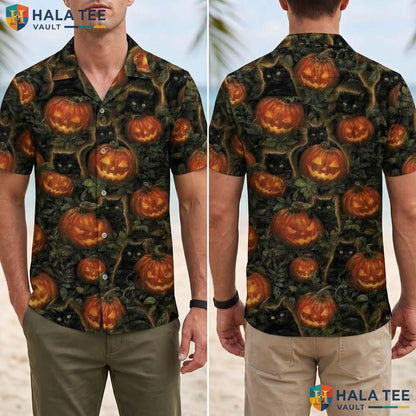 Cat Pumpkin Halloween Hawaiian Shirt Spooky Jack O Lantern Aloha Top Adult