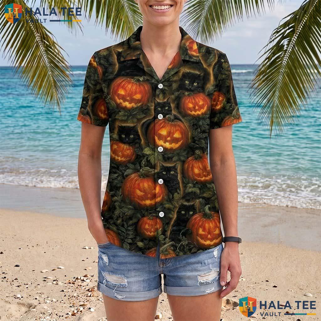 Cat Pumpkin Halloween Hawaiian Shirt Spooky Jack O Lantern Aloha Top Adult
