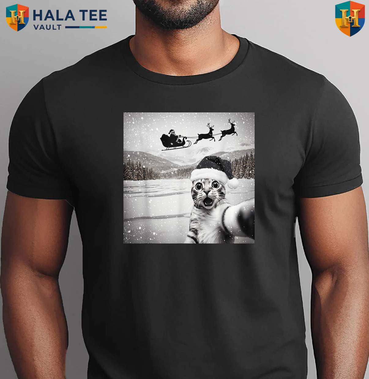Cat Selfie Santa Christmas Shirt Funny Holiday Party Graphic Family Outfit