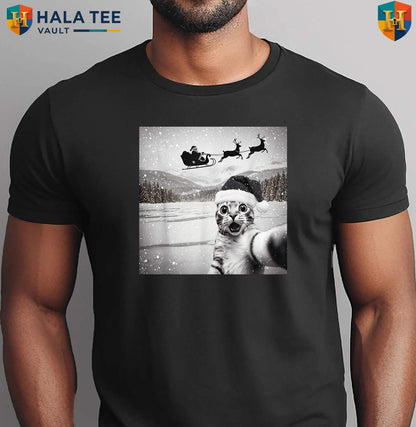 Cat Selfie Santa Christmas Shirt Funny Holiday Party Graphic Family Outfit