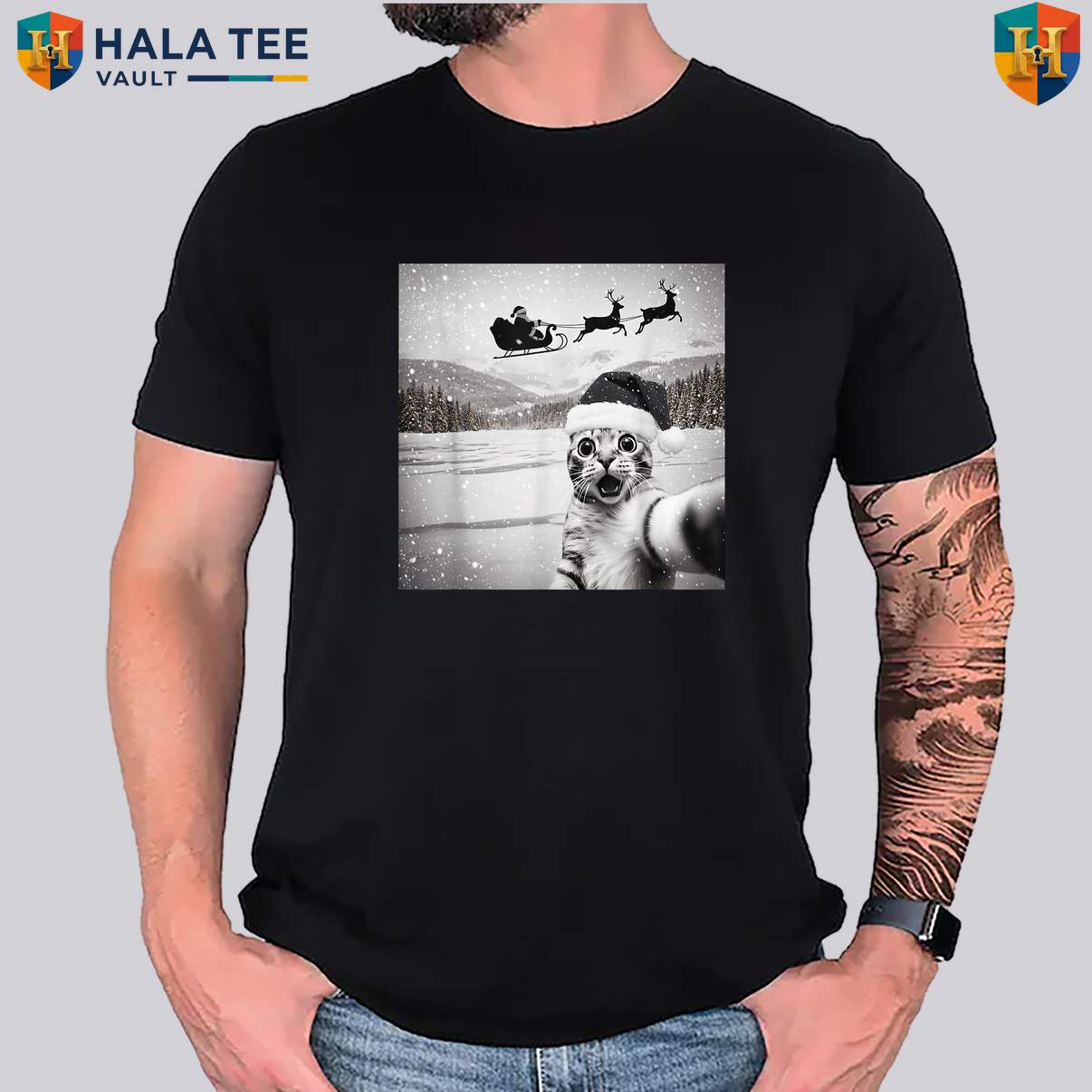 Cat Selfie Santa Christmas T-Shirt Funny Holiday Party Graphic Family Outfit