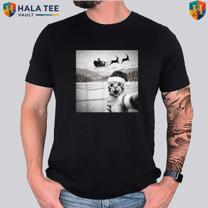 Cat Selfie Santa Christmas T-Shirt Funny Holiday Party Graphic Family Outfit