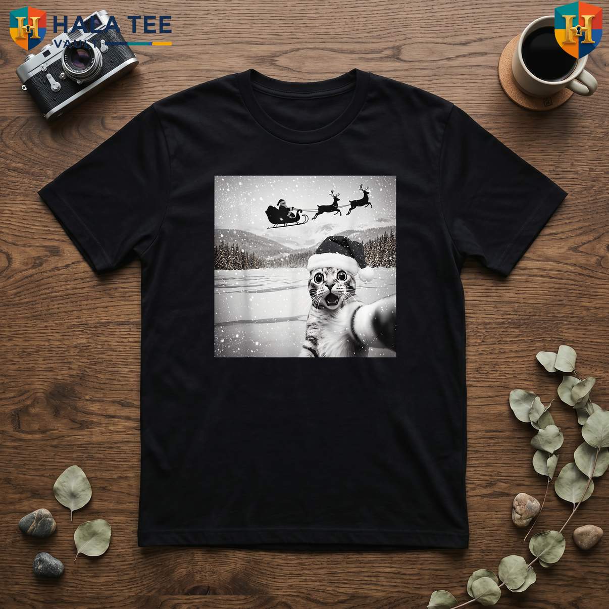 Cat Selfie Santa Christmas TShirt Funny Holiday Party Graphic Family Outfit