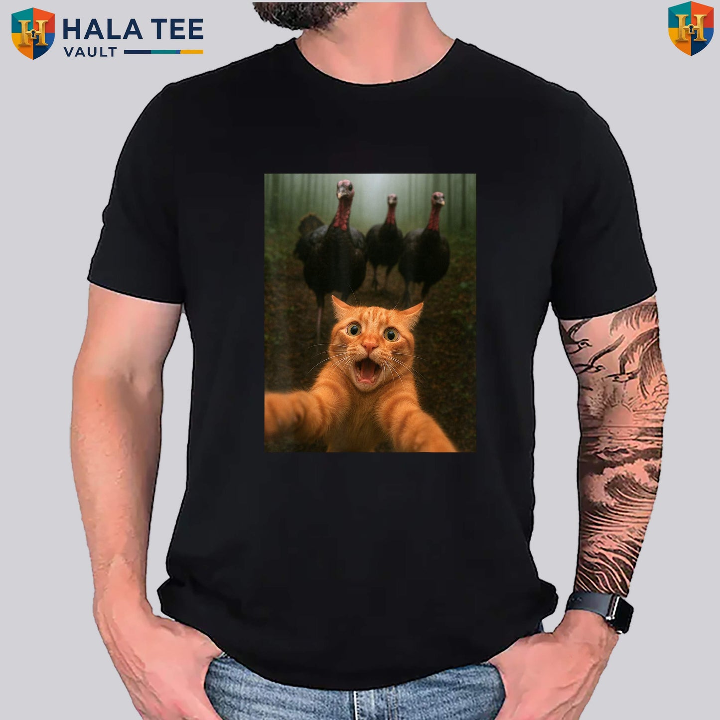 Cat Selfie Thanksgiving Humor T-Shirt Funny Turkey Chase Kitty Graphic Apparel