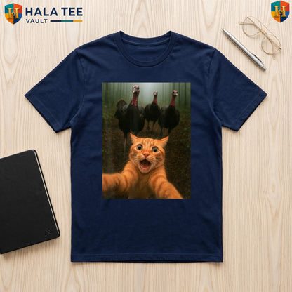 Cat Selfie Thanksgiving Humor Tee Funny Turkey Chase Kitty Graphic Apparel