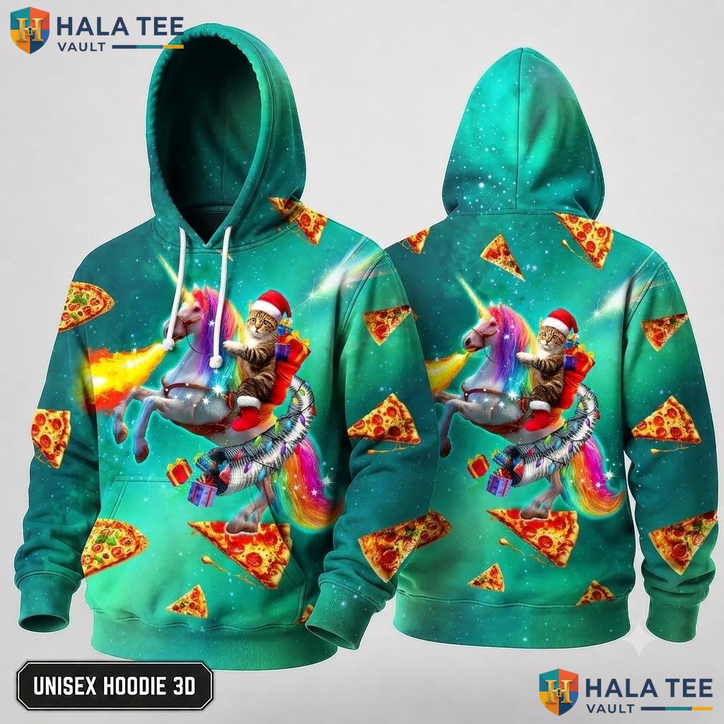 Cat Unicorn Santa Pizza Xmas 3D Hoodie Funny Festive Riding Outfit