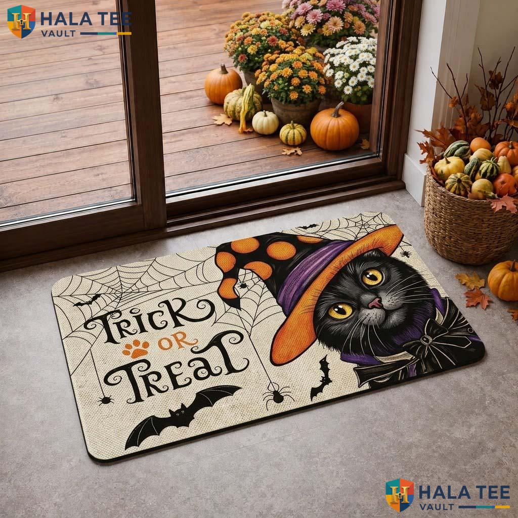 Cat Witch Halloween Doormat Whimsical Black Cat Bat Spooky Entrance Rug