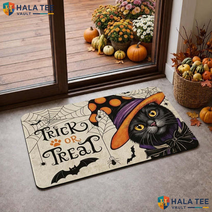 Cat Witch Halloween Doormat Whimsical Black Cat Bat Spooky Entrance Rug