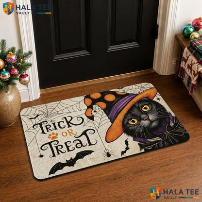 Cat Witch Halloween Front door mat Whimsical Black Cat Bat Spooky Entrance Rug