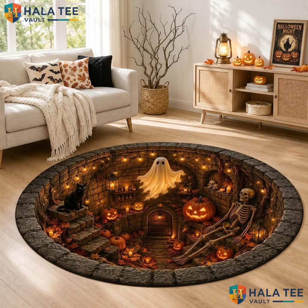 Cellar Skeleton Halloween Round Area Rug 3D Haunted Ghost Black Cat
