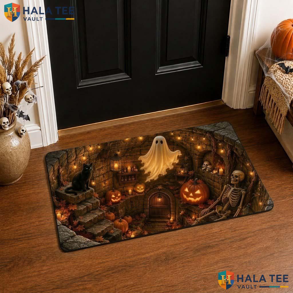 Cellar Well Skeleton Halloween Front door mat 3D Ghost Black Cat Pumpkin Decor