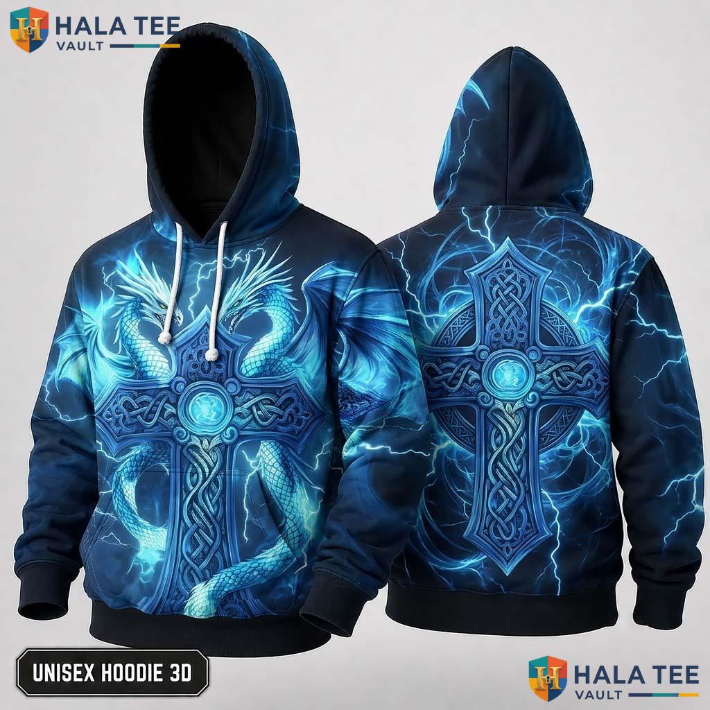 Celtic Cross Blue Dragon 3D Hoodie Mythical Vibrant Fantasy Streetwear