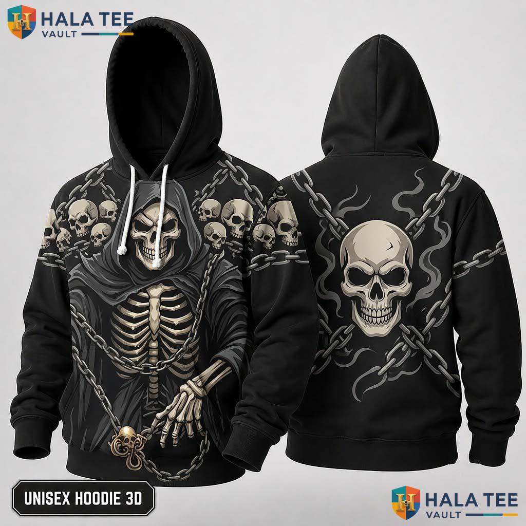 Chain Skull Grim Reaper 3D Hoodie Vintage Gothic Skeleton Streetwear