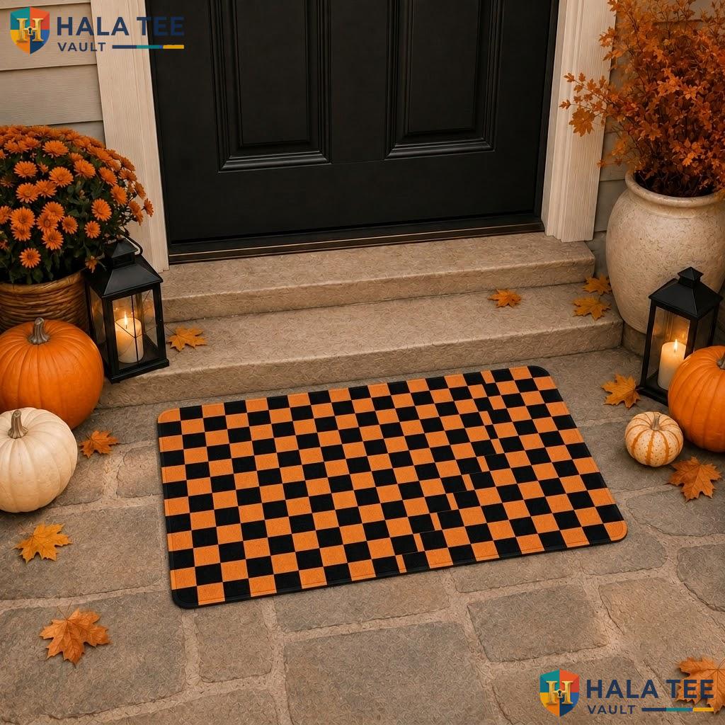 Checkered Halloween Doormat Trick Or Treat Spooky Front Porch Entry Rug