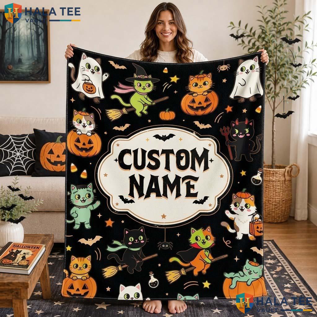 Cheerful Cat Halloween Blanket Personalized Custom Name Spooky Throw