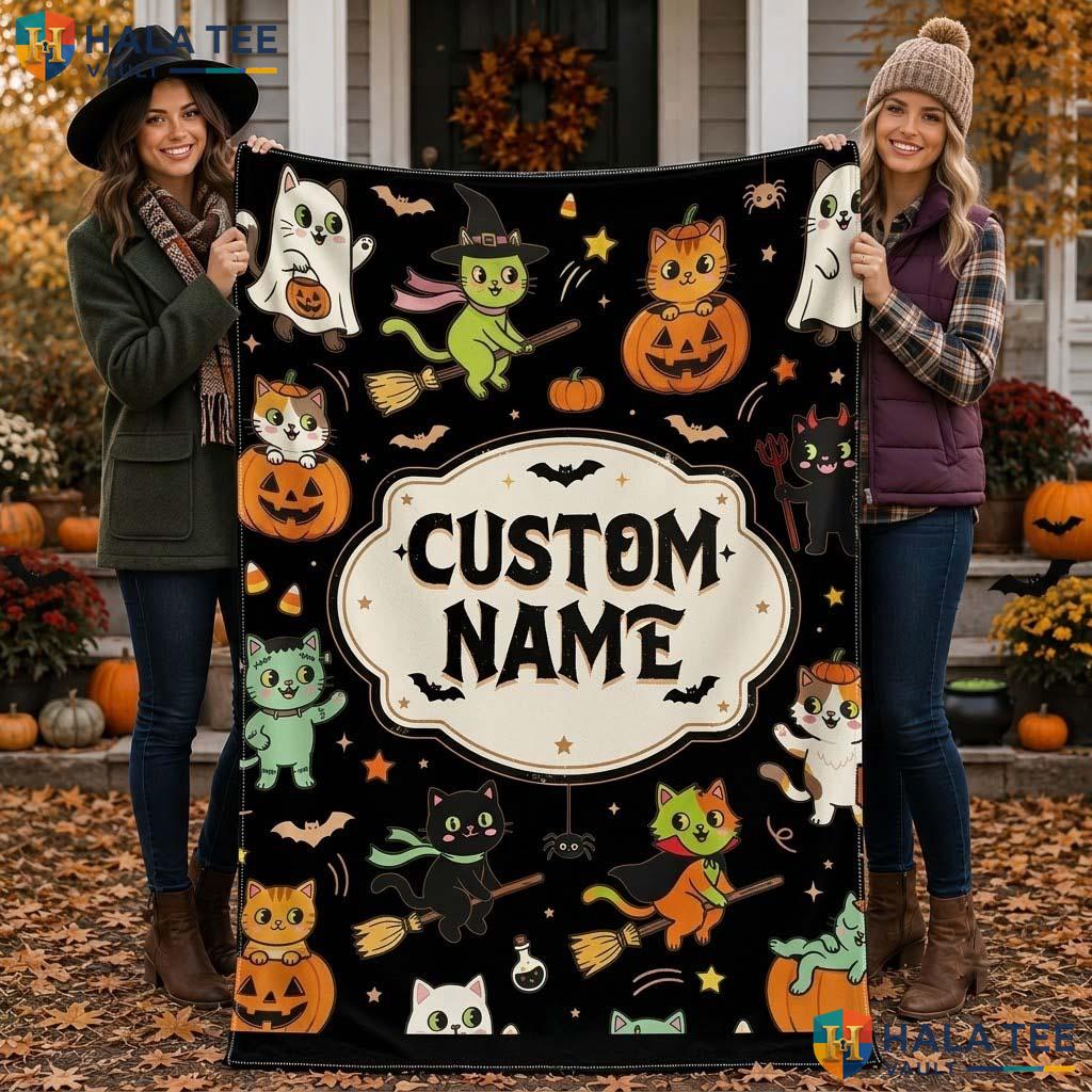 Cheerful Cat Halloween Blanket Personalized Custom Name Spooky Throw