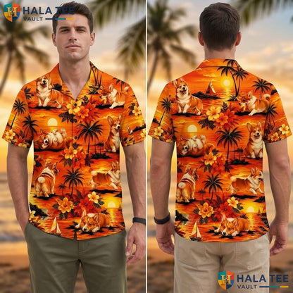 Cheerful Corgi Hawaiian Shirt Vibrant Tropical Summer Beach Party Top Men Adult