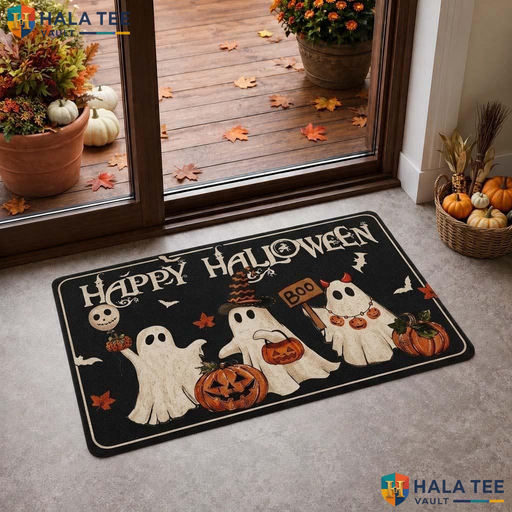 Cheerful Ghost Fall Doormat Pumpkin Bat Playful Entrance Rug Home Decor