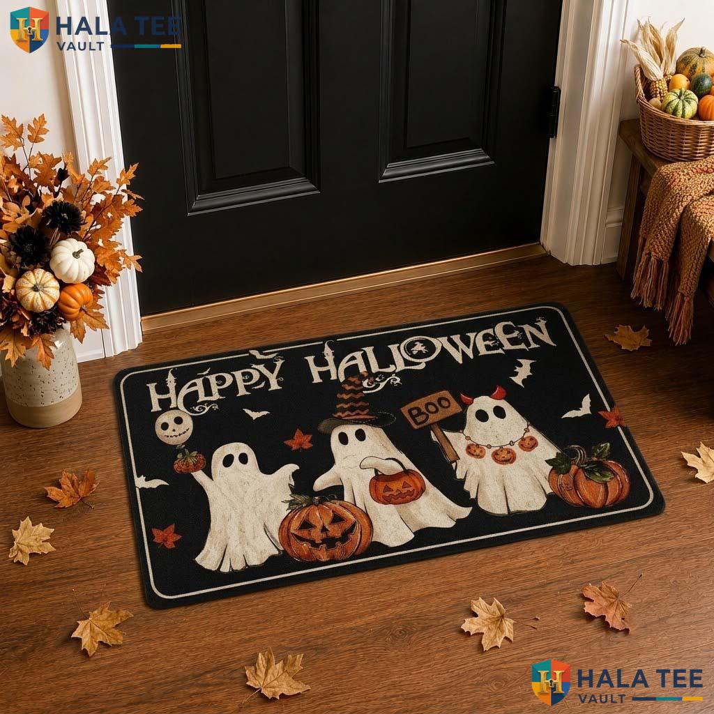 Cheerful Ghost Fall Front door mat Pumpkin Bat Playful Entrance Rug Home Decor