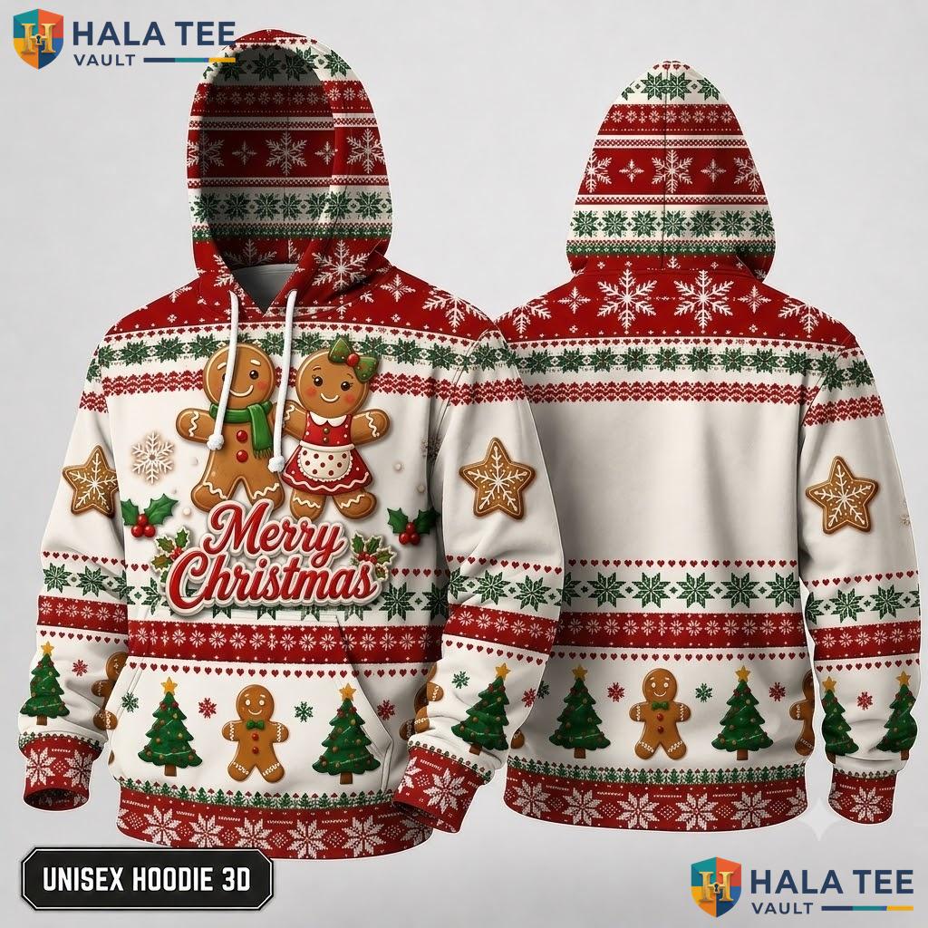 Cheerful Gingerbread Xmas 3D Hoodie Merry Festive Pullover Top