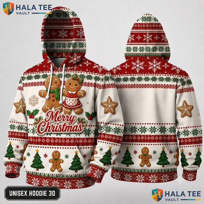 Cheerful Gingerbread Xmas 3D Hoodie Merry Festive Pullover Top