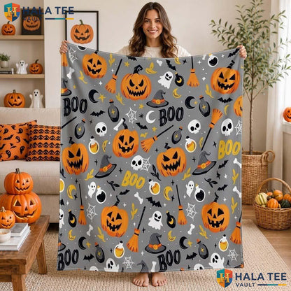 Cheerful Pumpkin Halloween Blanket Soft Flannel Fleece Spooky Decor