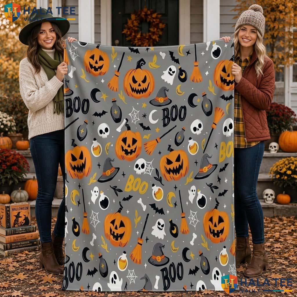 Cheerful Pumpkin Halloween Blanket Soft Flannel Fleece Spooky Decor